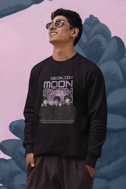 Second front view of male model wearing an black sweatshirt featuring a unique design inspired by BTS member Jin, also known as "Worldwide Handsome." Ideal for fans of BTS and K-Pop music enthusiasts in general. 