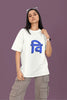 Front view of a female model wearing a white oversized tee with the phrase 