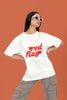 First front view of a female model wearing an off-white oversized t-shirt with the text 