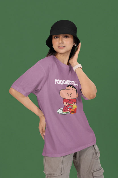 2nd front of a female view model wearing  a dirty purple oversized t-shirt featuring Shinchan eating a big meal showing his foodie side.