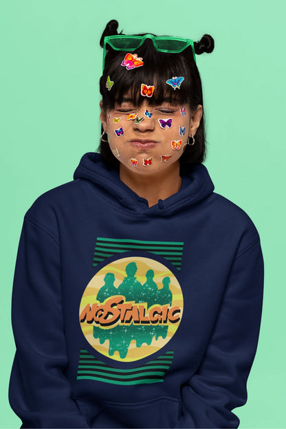 6th front view of a female model wearing an navy blue hoodie with a shadow silhouette of the Coldplay band members and the word "Nostalgic" printed on it.