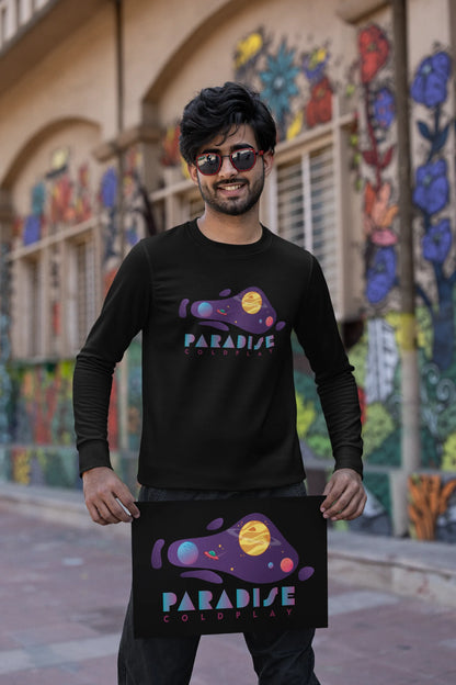 First front view of a male model wearing an black sweatshirt with the "Paradise" album artwork by Coldplay.