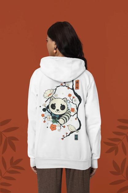 Back view of a female model wearing a white hoodie with a panda fox surrounded by bamboo.