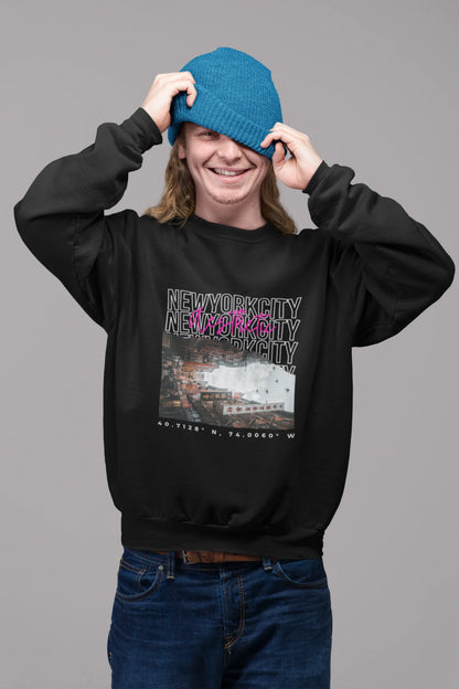 4th front view of a male model wearing a black sweatshirt with a New York City skyline design, offering a relaxed urban aesthetic.