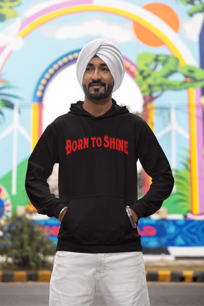 Third front view of a male model wearing a black Diljit Dosanjh hoodie with the text "Born to Shine."