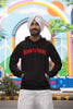 Third front view of a male model wearing a black Diljit Dosanjh hoodie with the text 