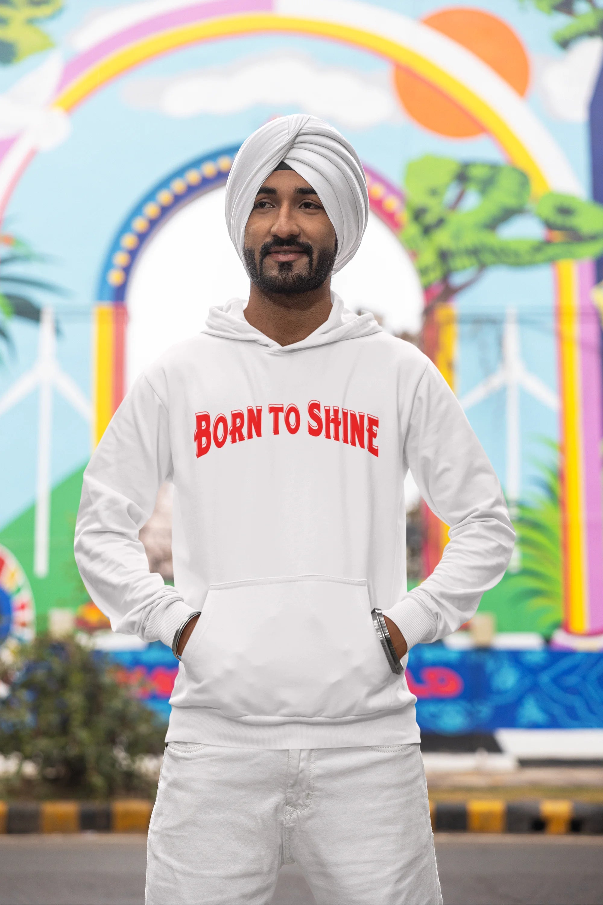 Third image of a male model wearing a off-white Diljit Dosanjh hoodie with the text "Born to Shine."