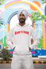 Third image of a male model wearing a off-white Diljit Dosanjh hoodie with the text 