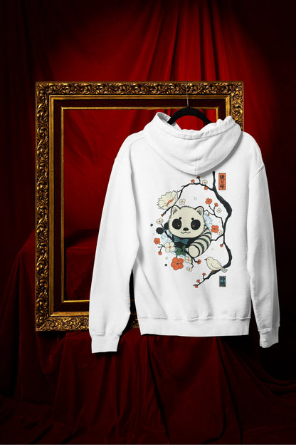Back view of a white hoodie with a panda fox surrounded by bamboo.
