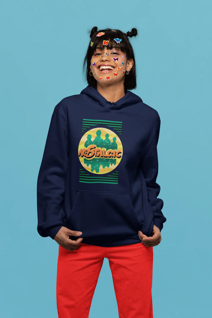 4th front view of a female model wearing an navy blue hoodie with a shadow silhouette of the Coldplay band members and the word "Nostalgic" printed on it.