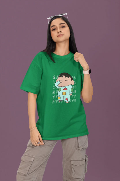 2nd front view of a female model wearing a forest green oversized t-shirt featuring  Shinchan looking sleepy.
