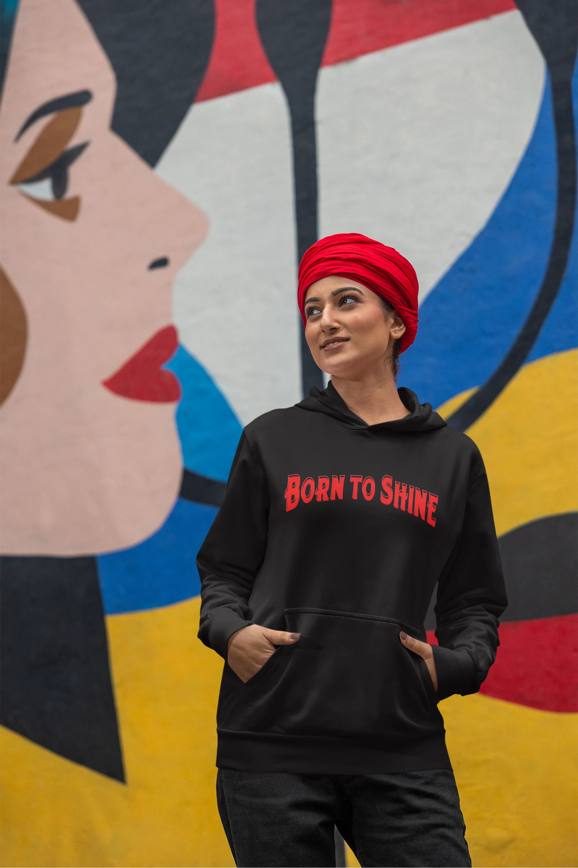 Fourth image of a female model wearing a black Diljit Dosanjh hoodie with the text "Born to Shine."