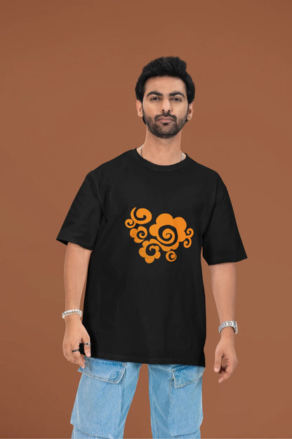 Front view of a male model wearing a black oversized t-shirt featuring "Bindass" in a stylish Hindi font.