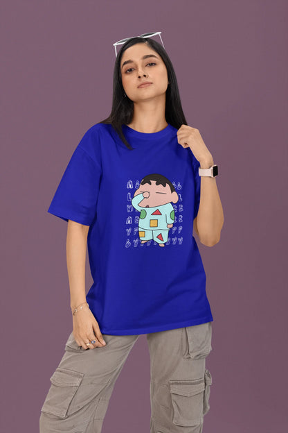 First front view of a female model wearing a royal blue oversized t-shirt featuring  Shinchan looking sleepy.