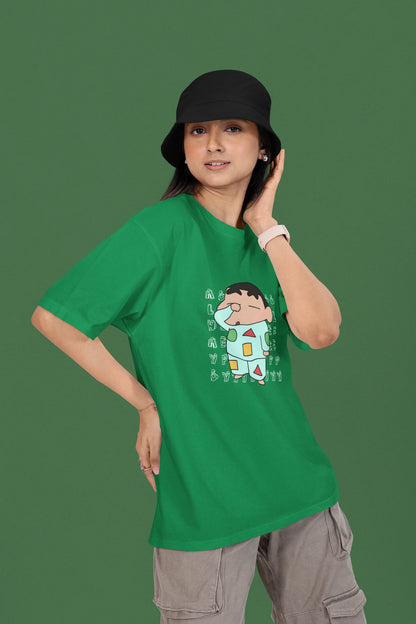 First front view of a female model wearing a forest green oversized t-shirt featuring  Shinchan looking sleepy.