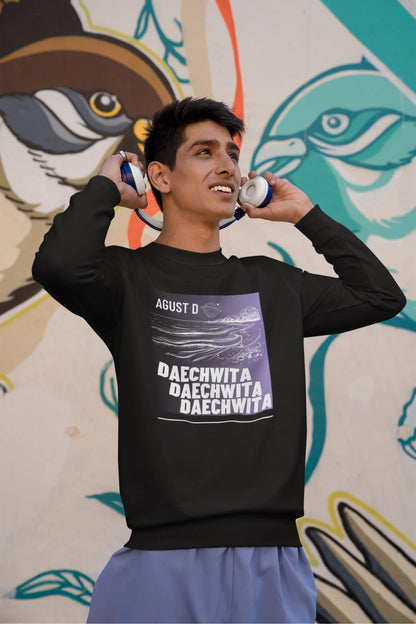 First front view of a male model wearing a black sweatshirt featuring a bold design inspired by BTS member Suga's alter ego, August D. Ideal for BTS fans (ARMY) and K-Pop enthusiasts who love rap music and artist individuality.