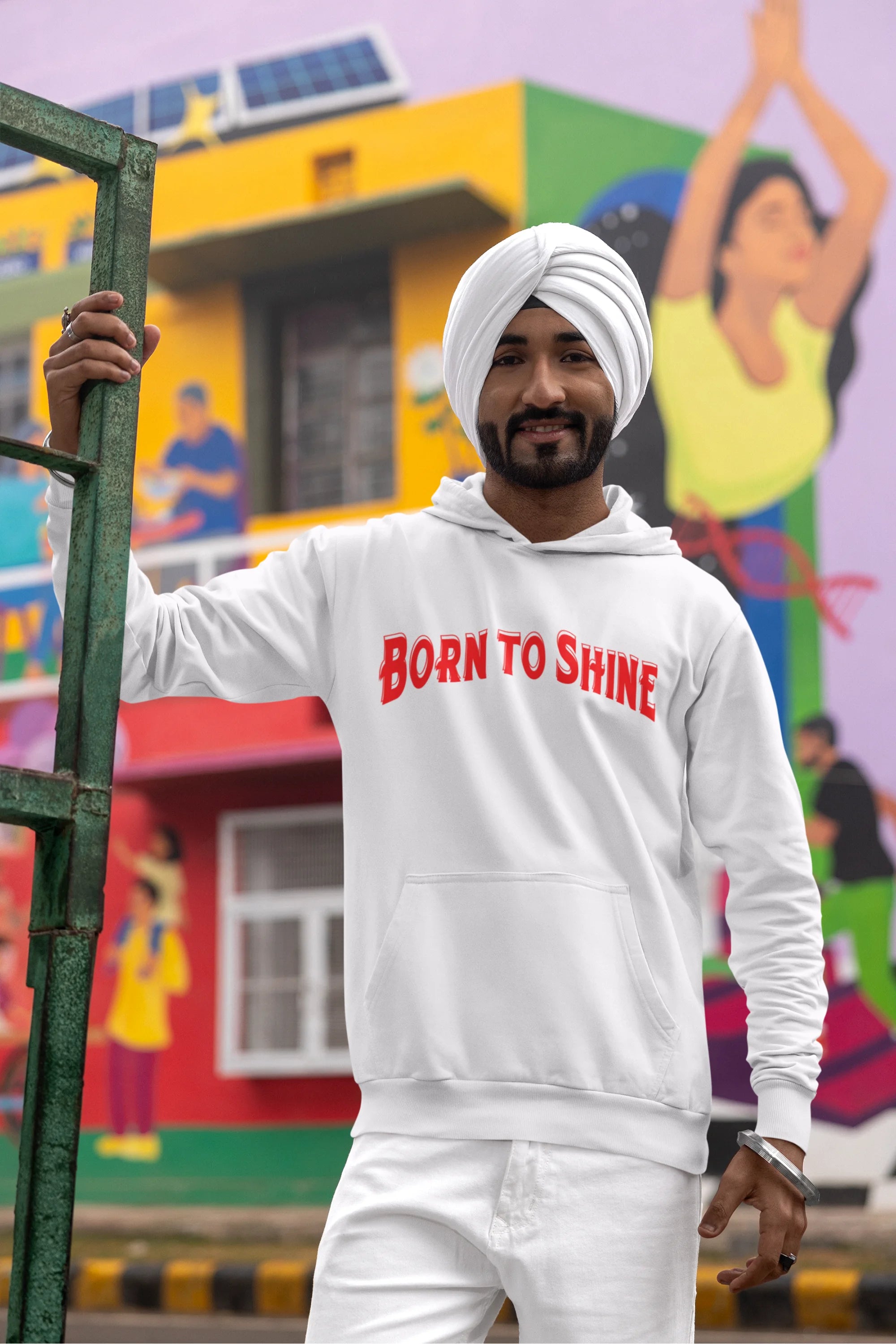 Second image of a male model wearing a off-white Diljit Dosanjh hoodie with the text "Born to Shine."