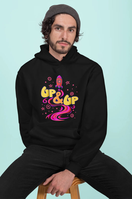 Second front view of a male model wearing an black hoodie with a rocket ship design and the text "Up & Up".