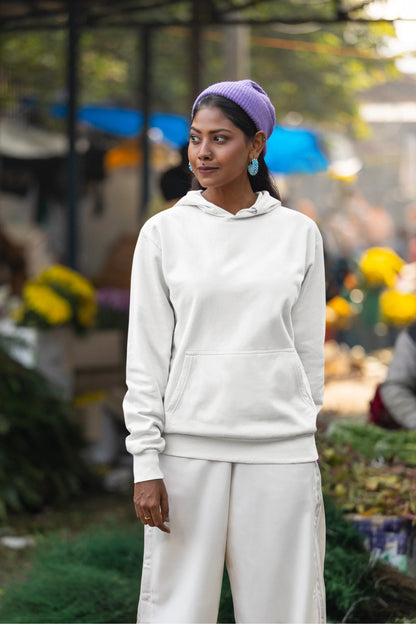 First front view of a female model wearing a white hoodie with a Japanese art style tiger design.