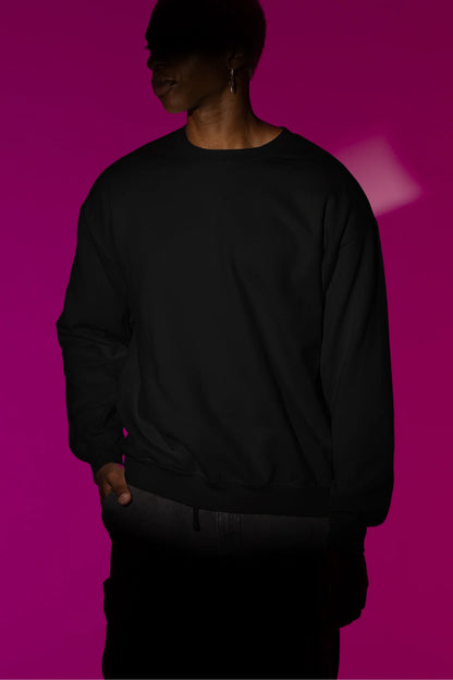 Second front view male model wearing a black sweatshirt with a design of a fox and its cub in a traditional Japanese landscape.