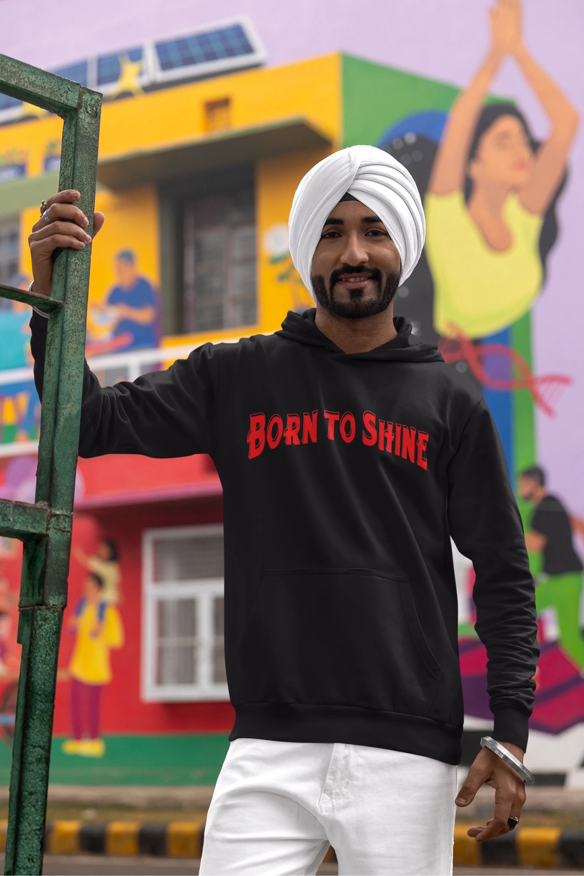 Second front view of a male model wearing a black Diljit Dosanjh hoodie with the text "Born to Shine."