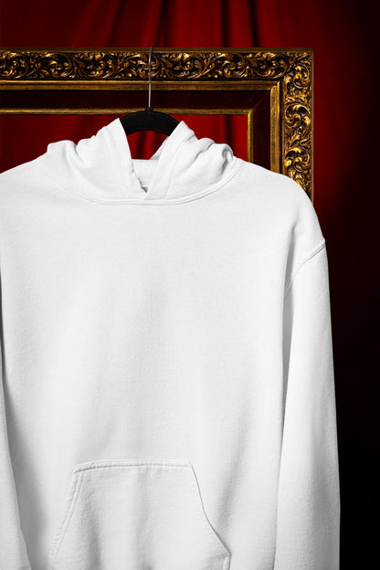 Front view of a white hoodie with a panda fox surrounded by bamboo.