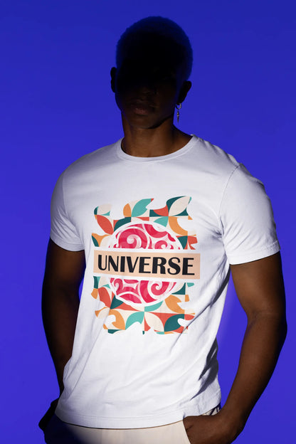 First front view of a male model wearing an off-white oversized t-shirt with a cosmic Universe design inspired by Coldplay.