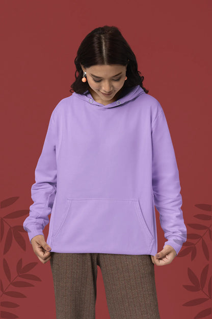 Third front view of a female model wearing a lavender hoodie with a panda fox surrounded by bamboo.