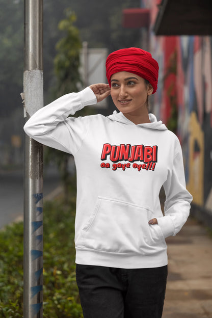 First front view of a female model wearing an off-white hoodie with the text "Punjabi Aa Gaye".