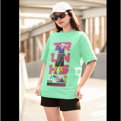 2nd front view of a female model wearing a mint green oversized t-shirt featuring Trunks from Dragon Ball Z with the text "Trunks."