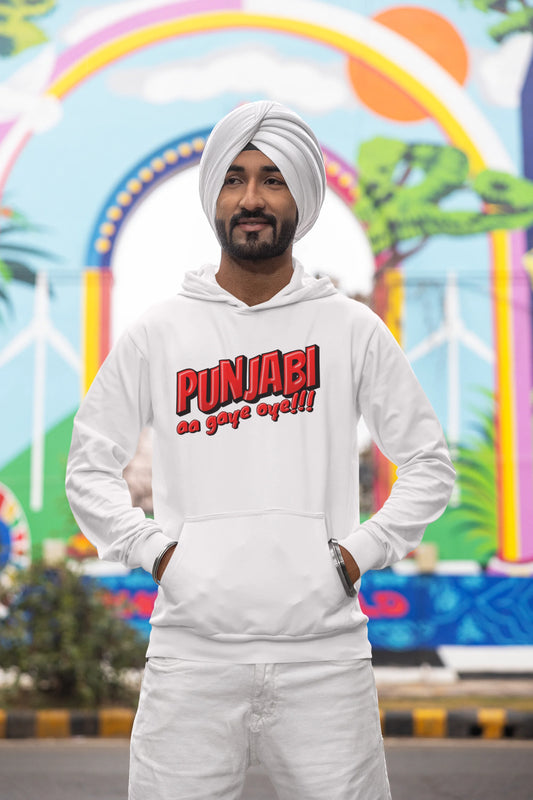 First front view of a male model wearing an off-white hoodie with the text "Punjabi Aa Gaye".