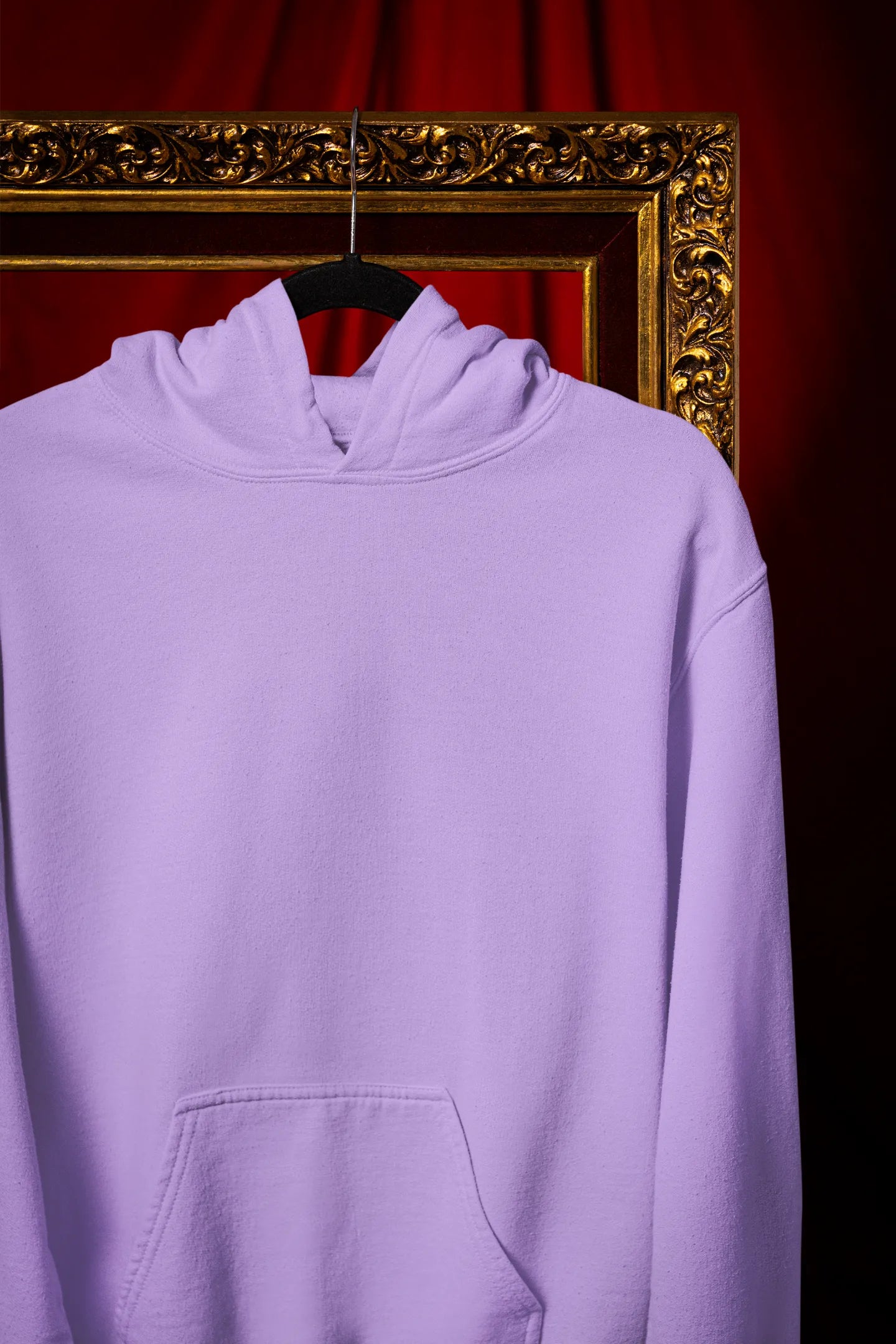 Front view of a lavender hoodie with a panda fox surrounded by bamboo.