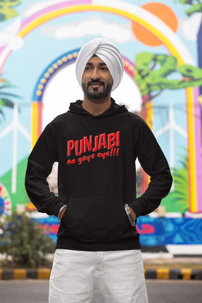 First front view of a male model wearing an black hoodie with the text "Punjabi Aa Gaye".
