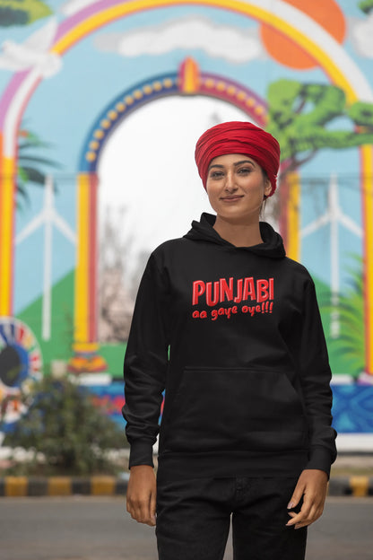 Third front view of a female model wearing an black hoodie with the text "Punjabi Aa Gaye".