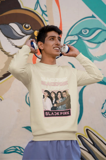 First front view of a male model wearing a cream sweatshirt featuring a stylish design inspired by the K-Pop girl group Blackpink. Ideal for Blinks (Blackpink fans) and K-Pop music enthusiasts.