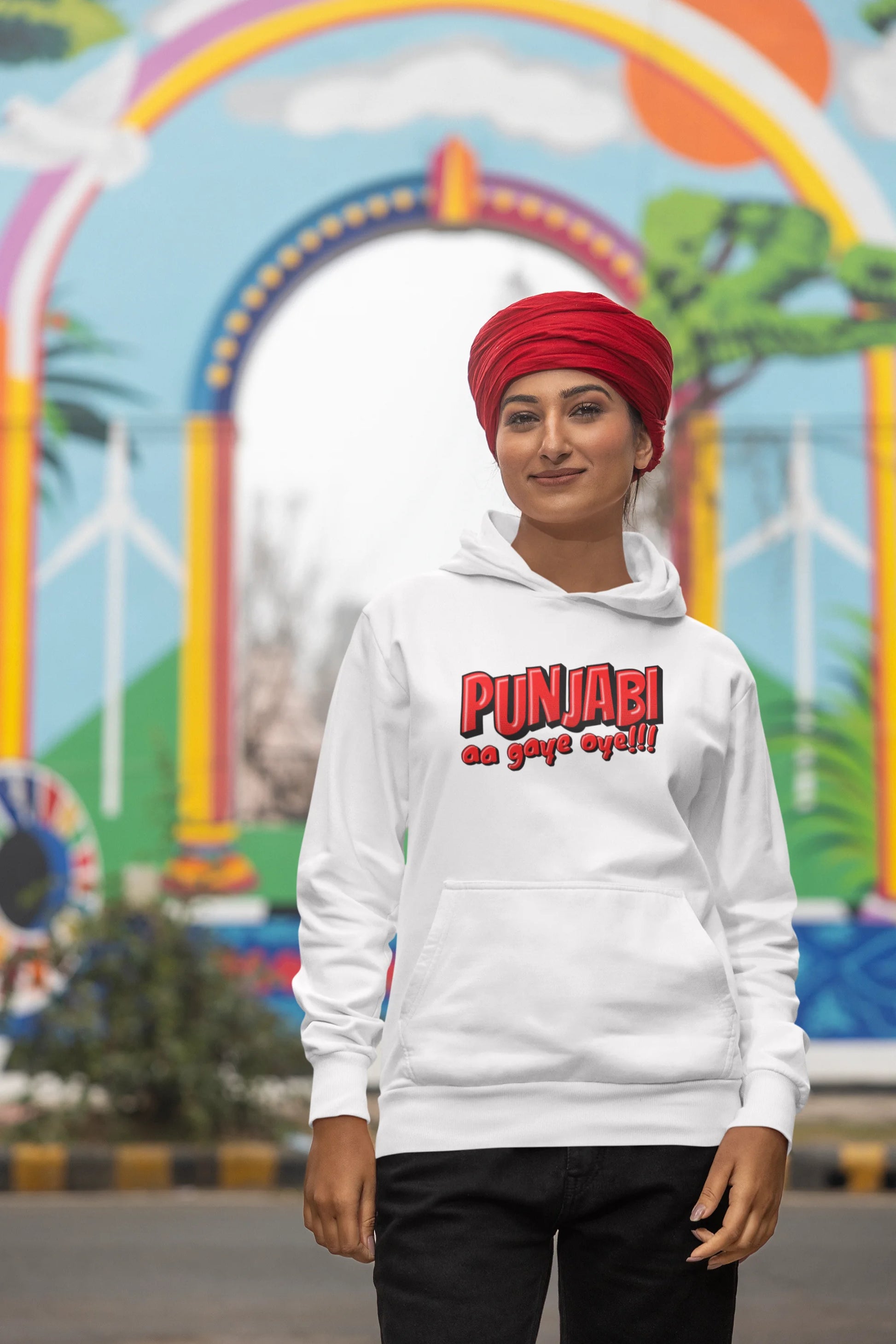 Fourth front view of a female model wearing an off-white hoodie with the text "Punjabi Aa Gaye".