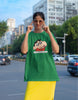 Fourth front view of female model wearing an oversized forest green tee featuring Shinchan with the text 