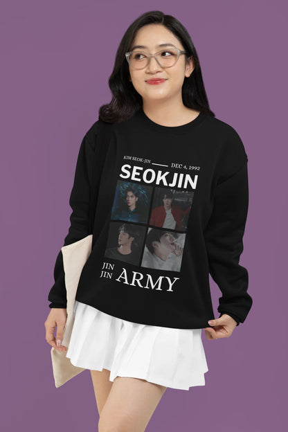 First front view of female model wearing an black sweatshirt featuring a bold design inspired by BTS member Jin. Ideal for BTS fans (ARMY) and K-Pop enthusiasts looking for unique Korean Wave fashion.