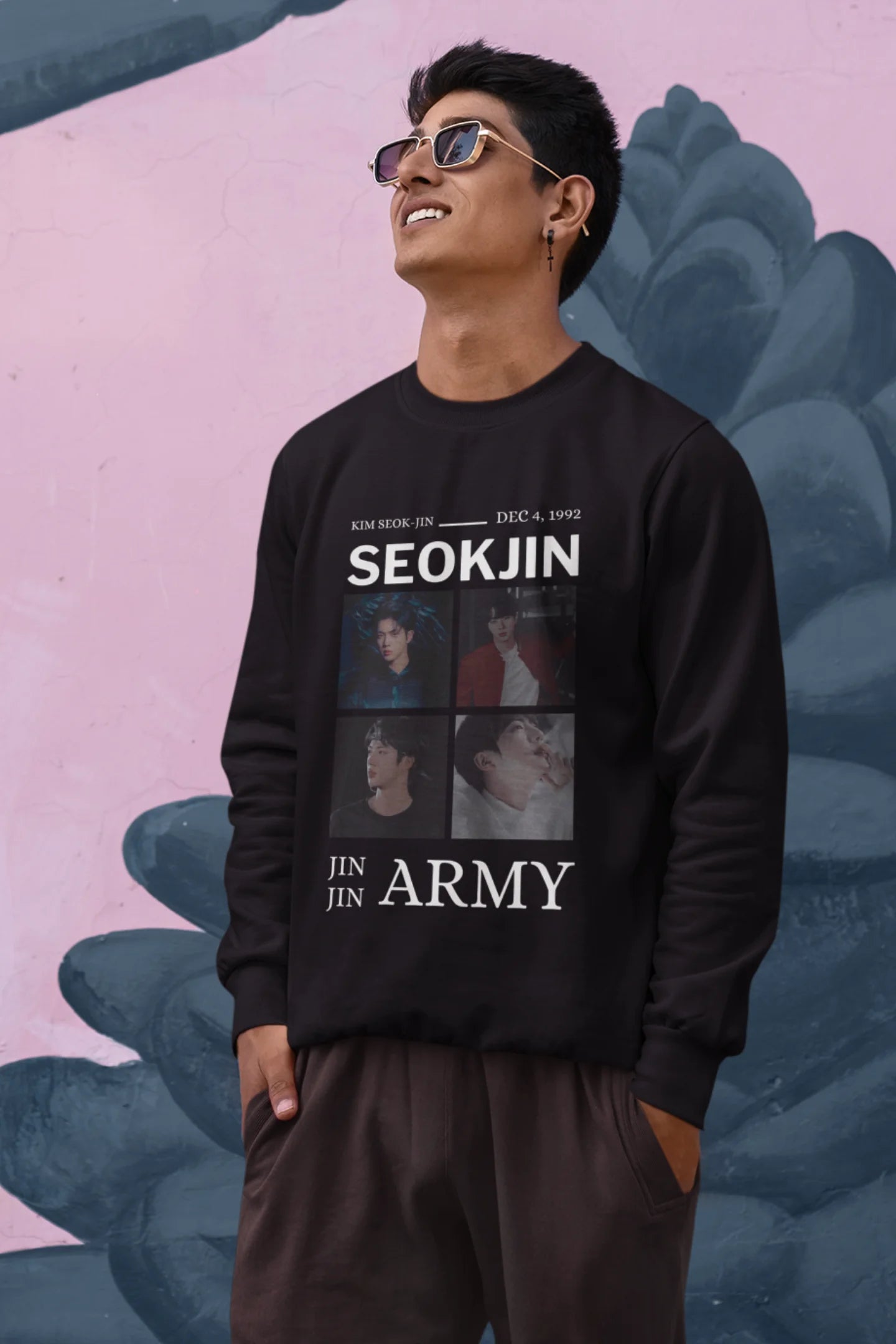 Second front view of male model wearing an black sweatshirt featuring a bold design inspired by BTS member Jin. Ideal for BTS fans (ARMY) and K-Pop enthusiasts looking for unique Korean Wave fashion.