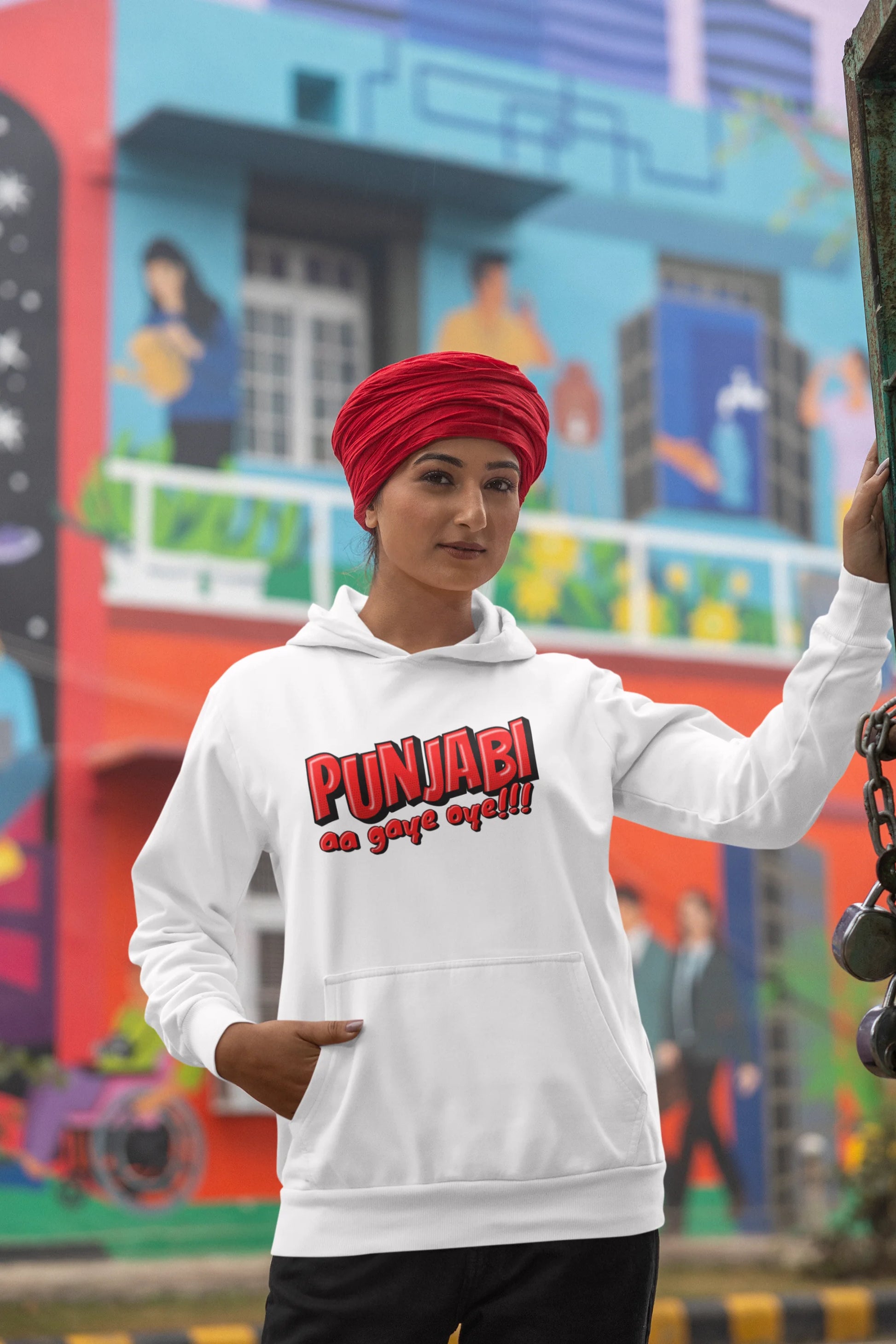 Second front view of a female model wearing an off-white hoodie with the text "Punjabi Aa Gaye".
