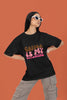 First front view of a female model wearing a black oversized t-shirt with the text 