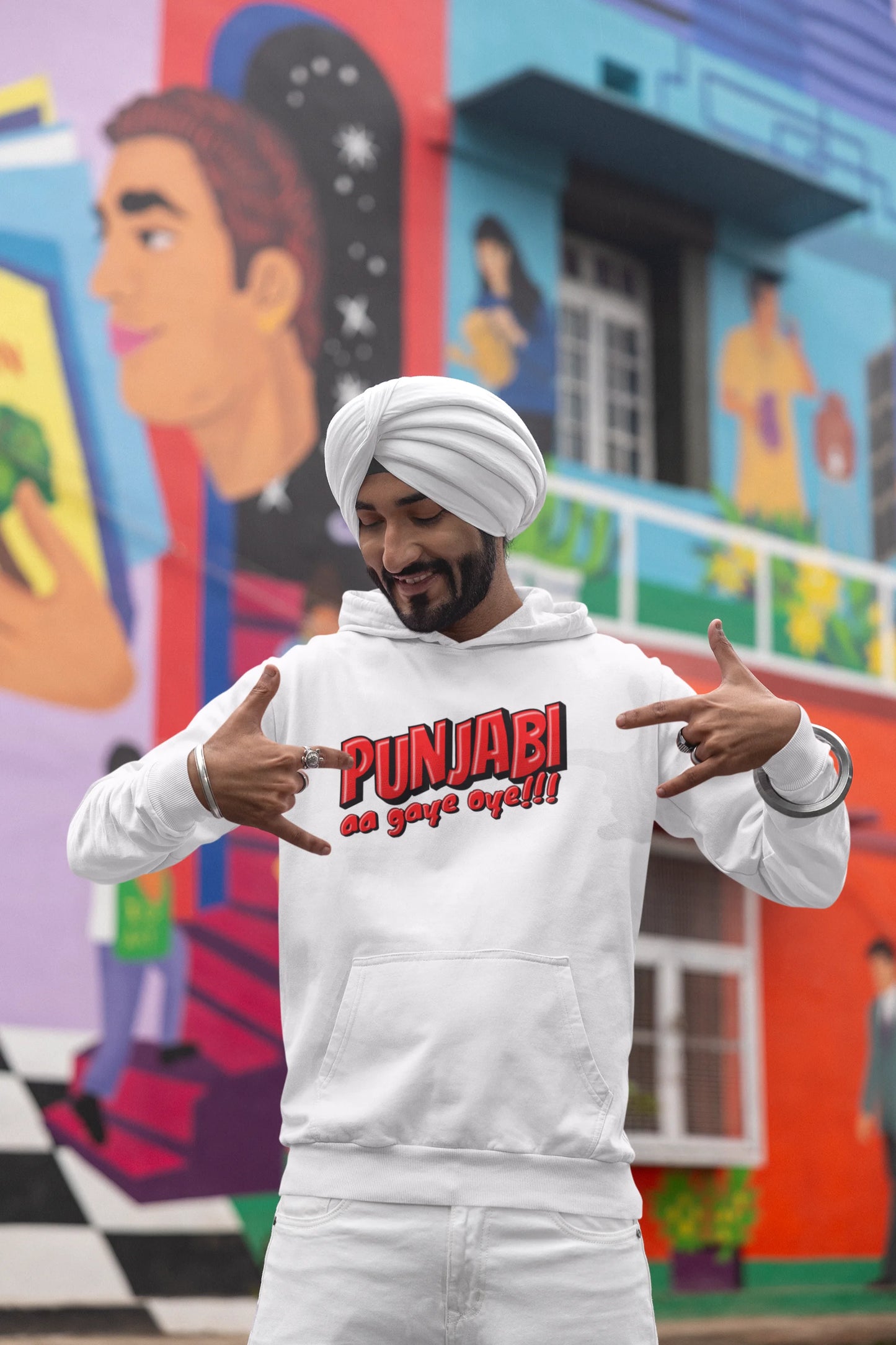 Fourth front view of a male model wearing an off-white hoodie with the text "Punjabi Aa Gaye".