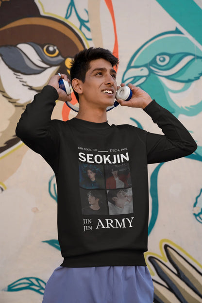 First front view of male model wearing an black sweatshirt featuring a bold design inspired by BTS member Jin. Ideal for BTS fans (ARMY) and K-Pop enthusiasts looking for unique Korean Wave fashion.