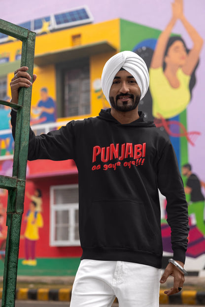 Third front view of a male model wearing an black hoodie with the text "Punjabi Aa Gaye".