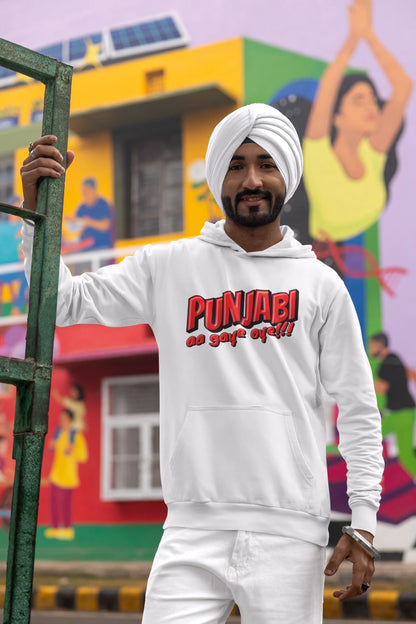 Third front view of a male model wearing an off-white hoodie with the text "Punjabi Aa Gaye".