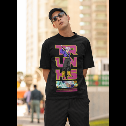 2nd front view of a male model wearing a black oversized t-shirt featuring Trunks from Dragon Ball Z with the text "Trunks."
