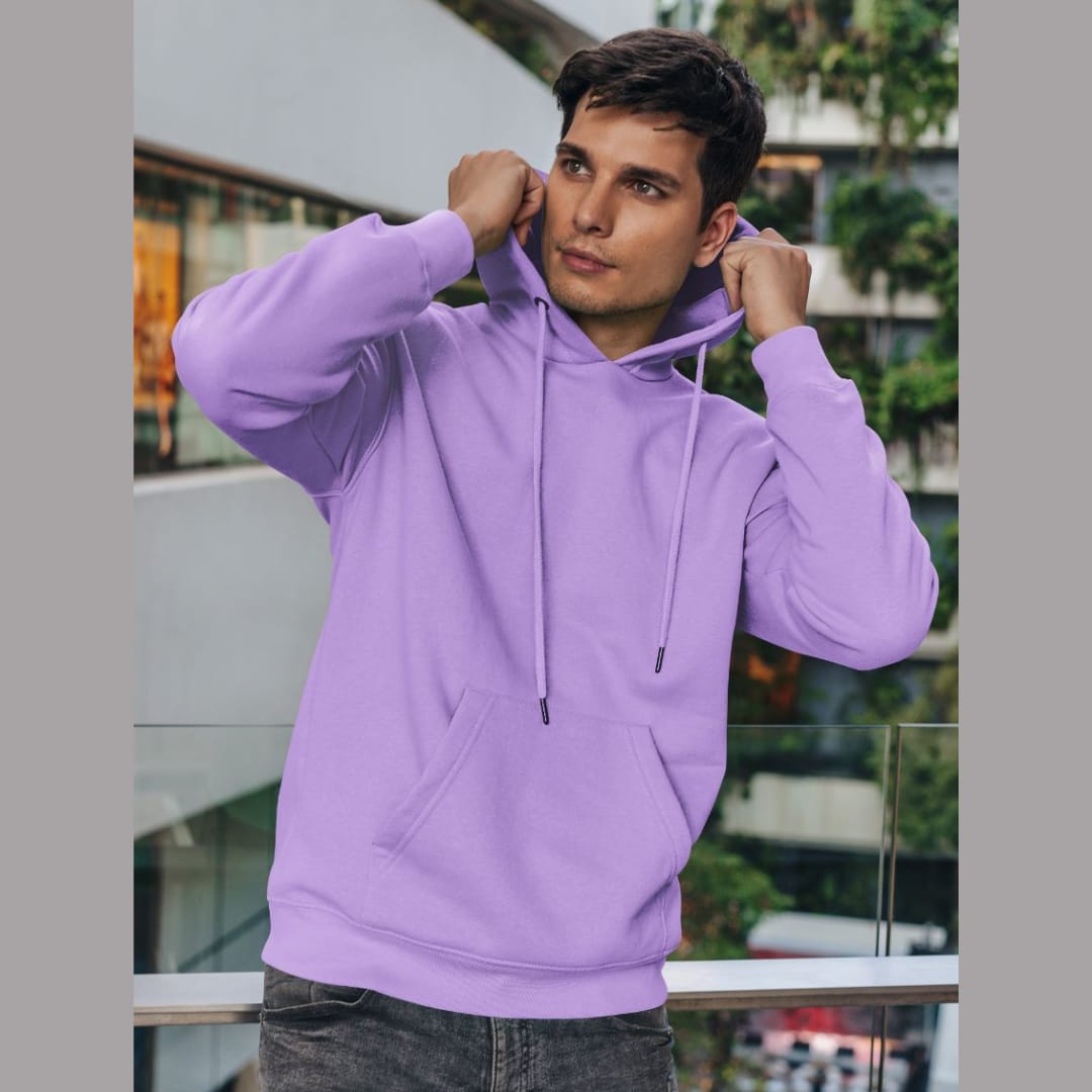 Front view of a male model wearing a lavender premium quality, pure cotton hoodie.