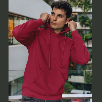 Front view of a male model wearing a maroon premium quality, pure cotton hoodie.