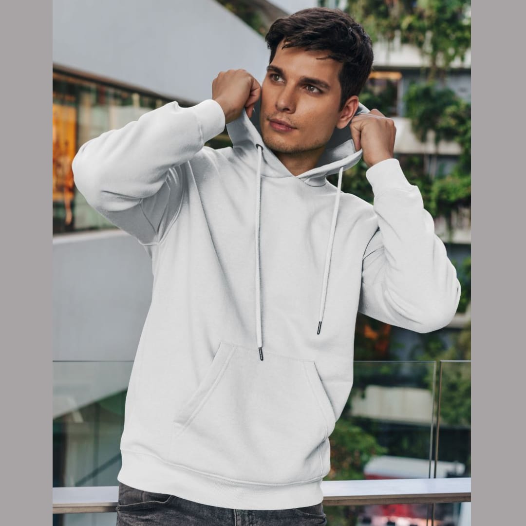 Front view of a male model wearing a off-white premium quality, pure cotton hoodie.