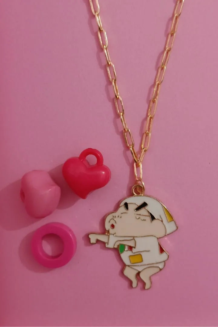Third image of an anti tarnish gold chain necklace featuring a mischievous Naughty Shinchan design.